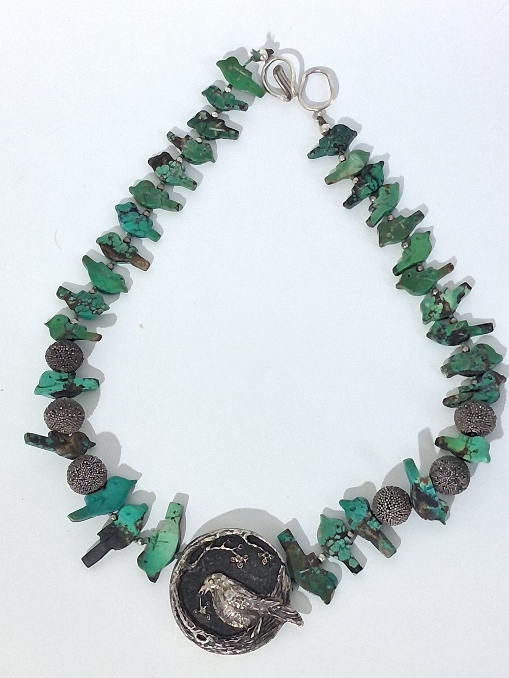 Green Turquoise Chip Necklace with Bird Pendant